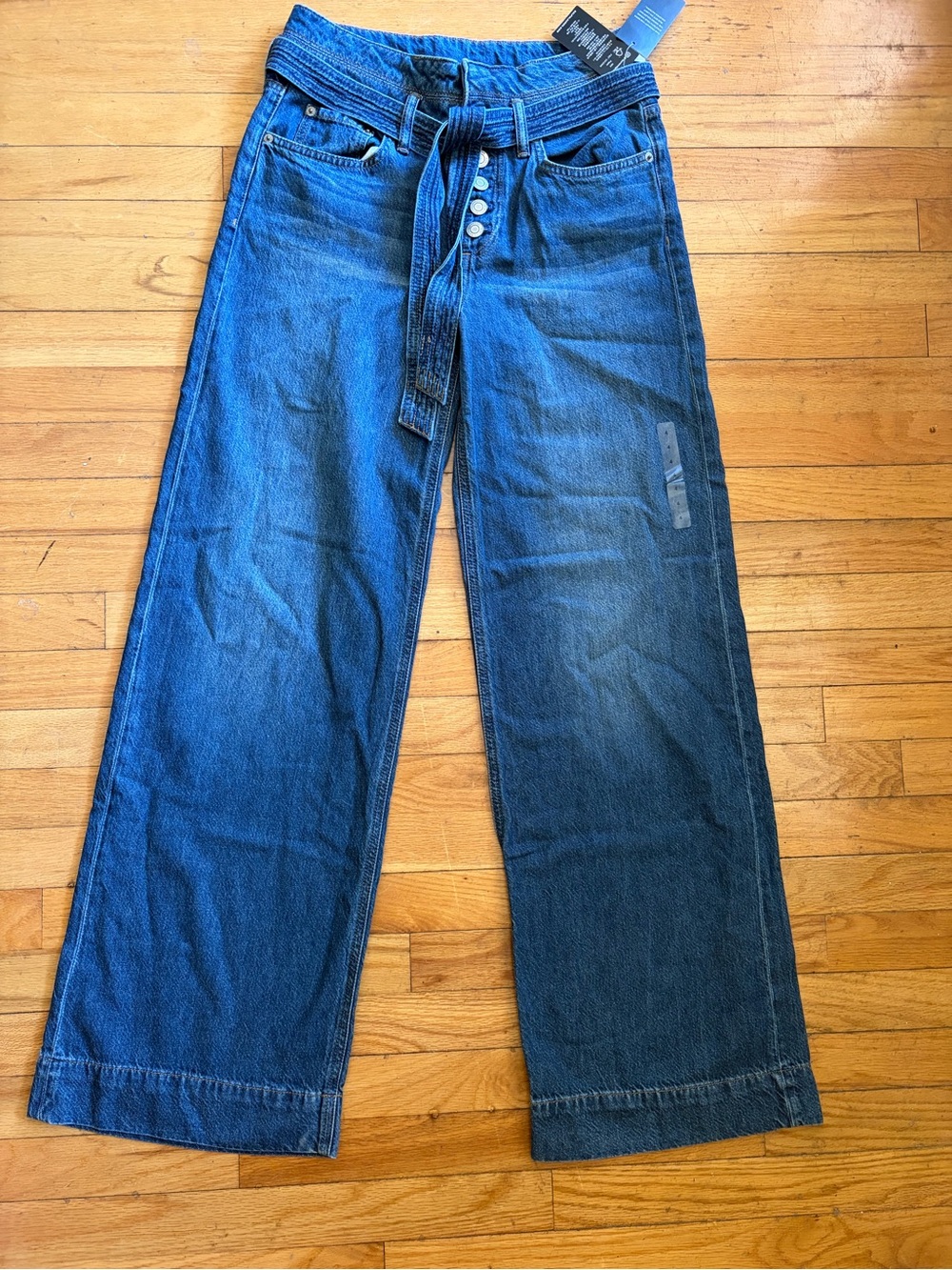 Ralph Lauren Wide Leg Button Up Jeans in Dark Blue with Self Tie Belt/ NWT